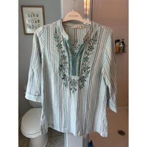 Soft Surroundings Womens Small Embroidered Striped Cotton Tunic Boho
